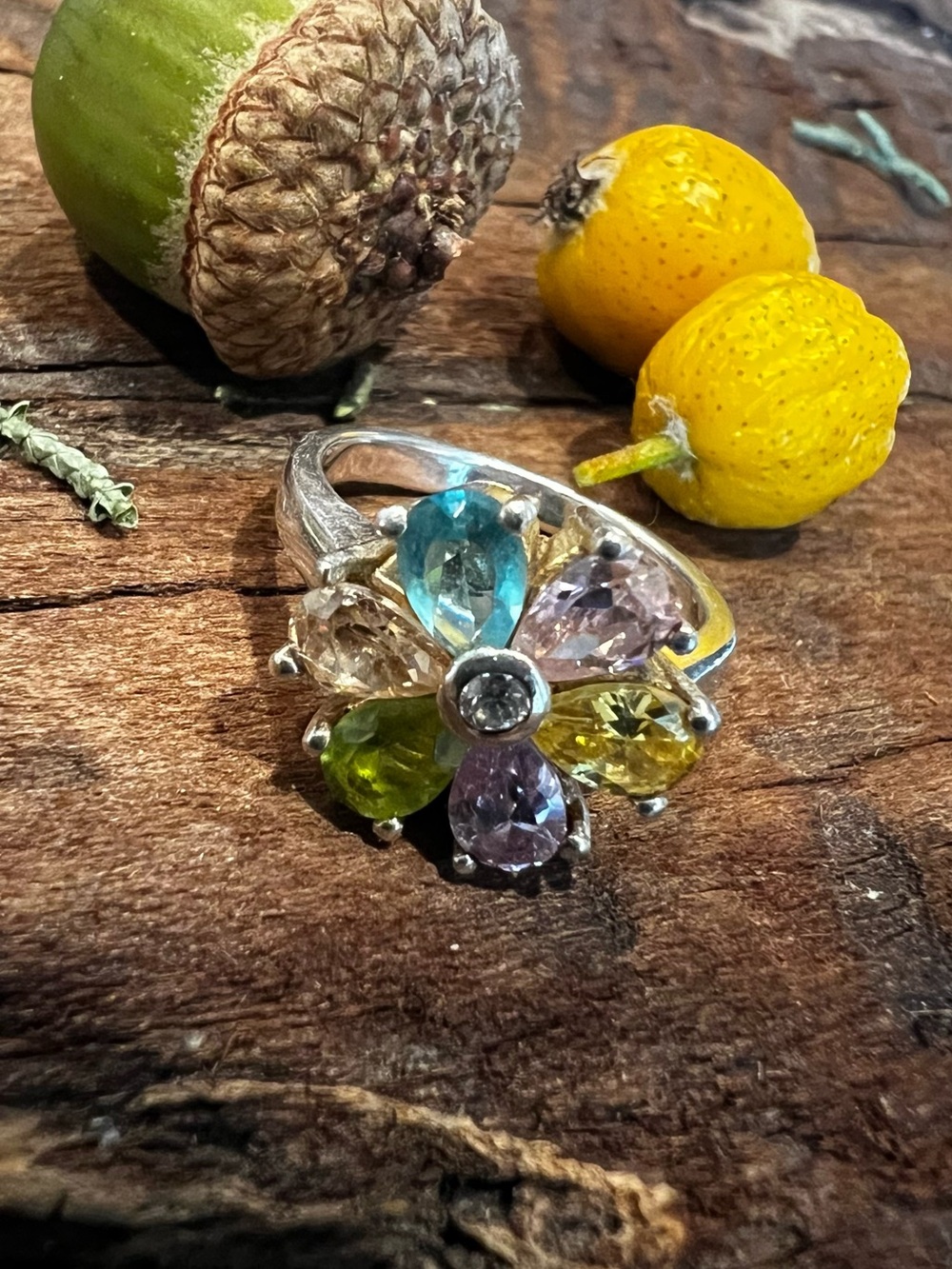 Bali Sterling Floral Gemstone Ring Amethyst Citrine Peridot Blue Topaz Sz 6.5